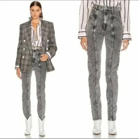 $370 Etoile Isabel Marant Hominy Acid-Washed  High Waist Moto Jeans B009 - Picture 1 of 8